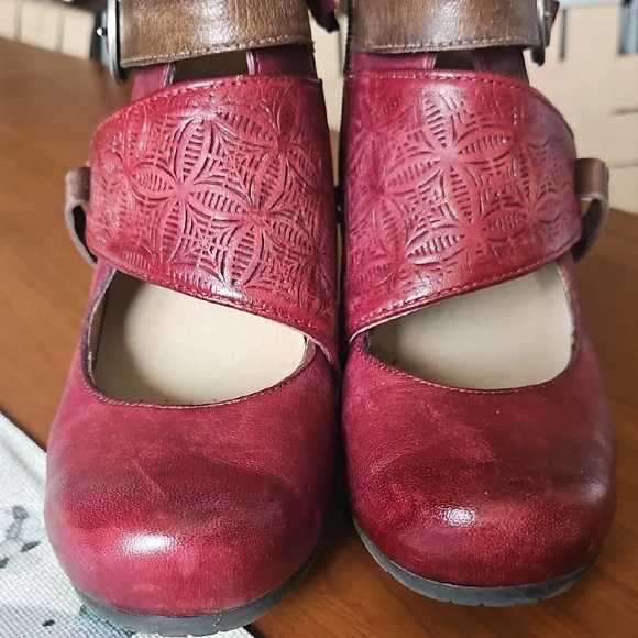 Miz Mooz Burgundy Cutwork Leather Ankle-Strap Heels - Picture 8 of 10